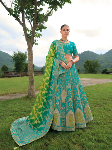 Beautiful Traditional Designer Elegant Green Embroidery Work Cut Work Silk Lehenga - 7405